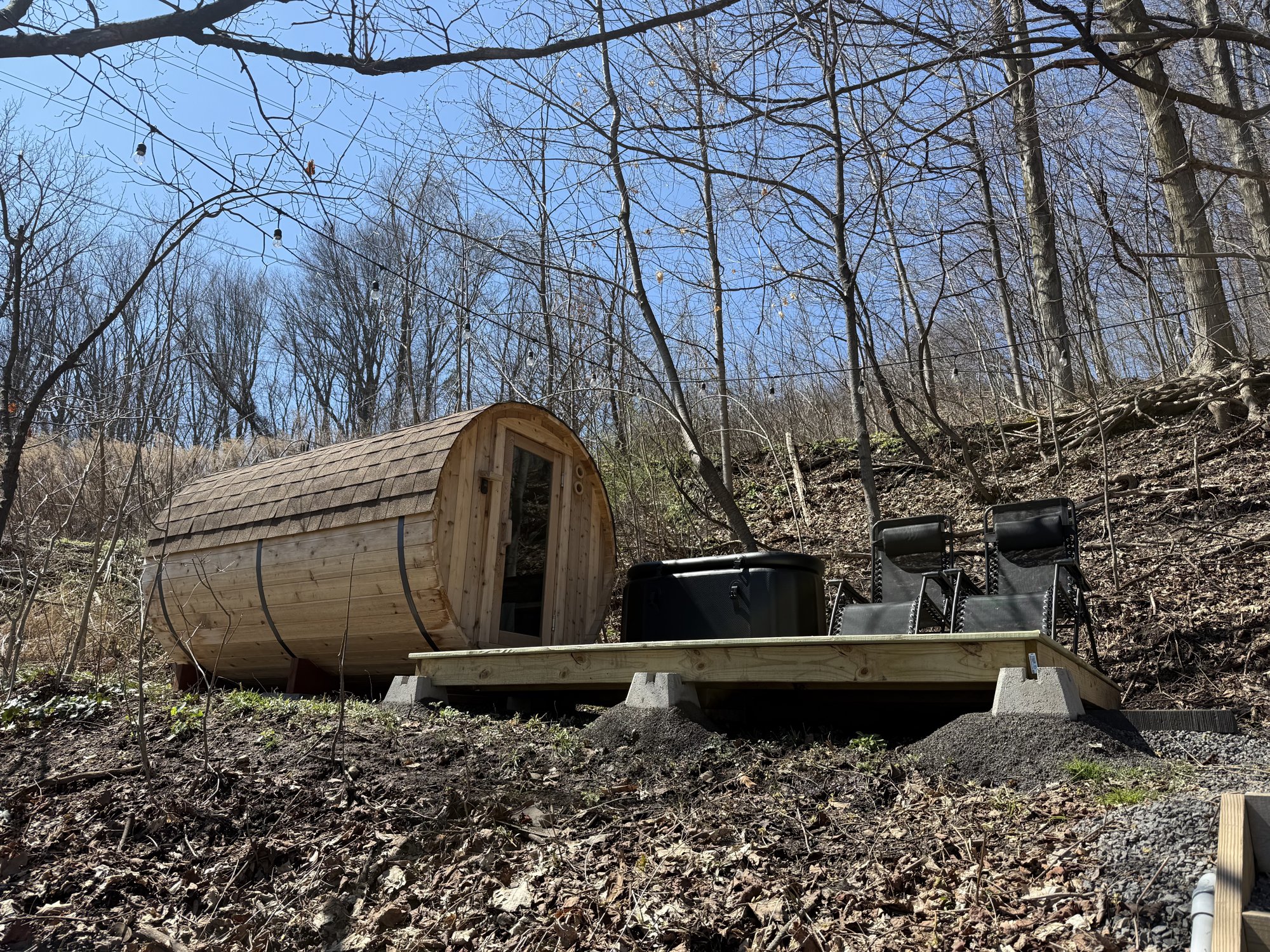 Wide view of the sauna deck