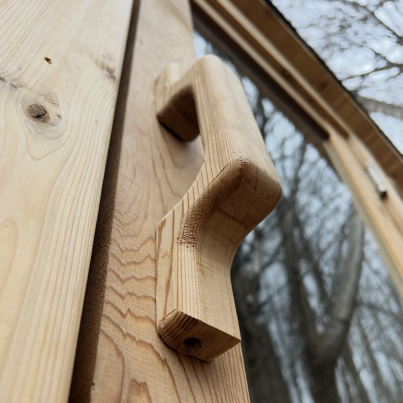 Inside the cedar barrel sauna